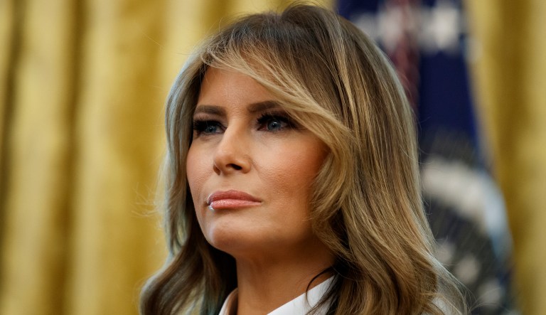 First lady Melania Trump is seen during a photo opportunity with members of the 2019 U.S. Special Olympics athletes and staff, in the Oval Office of the White House, Thursday, July 18, 2019, in Washington.
