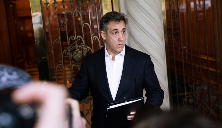 Michael Cohen, former attorney to President Donald Trump, holds a press conference outside his apartment building before departing to begin his prison term Monday, May 6, 2019, in New York.