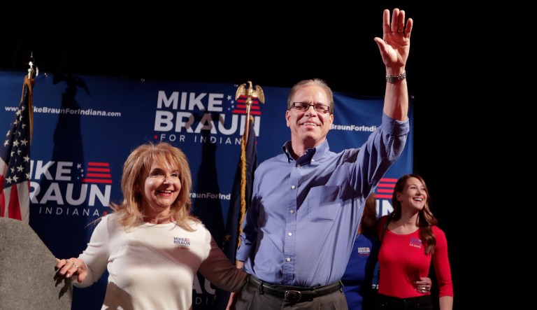 Republican Senate candidate Mike Braun and his wife Maureen greets supporters after winning the republican primary in Whitestown, Ind., Tuesday, May 8, 2018. Braun faced Todd Rokita and Luke Messer in the Republican primary race.