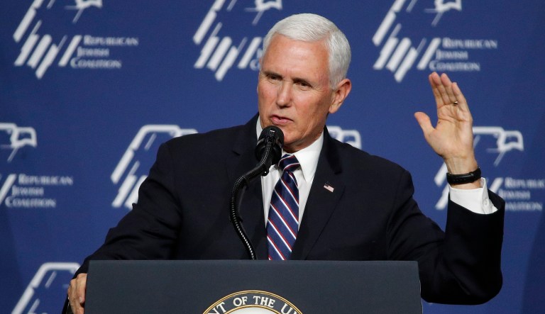 Vice President Mike Pence speaks at an annual meeting of the Republican Jewish Coalition, Saturday, April 6, 2019, in Las Vegas.