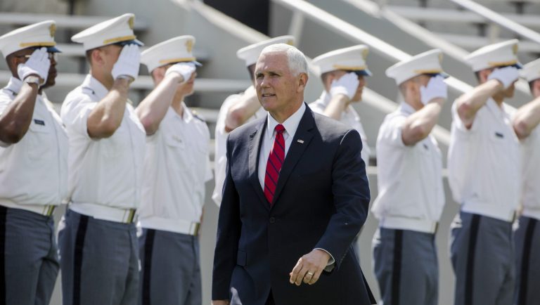 Vice President Mike Pence walks into Michie Stadium during graduation ceremonies at the United States Military Academy, Saturday, May 25, 2019, in West Point, N.Y. 