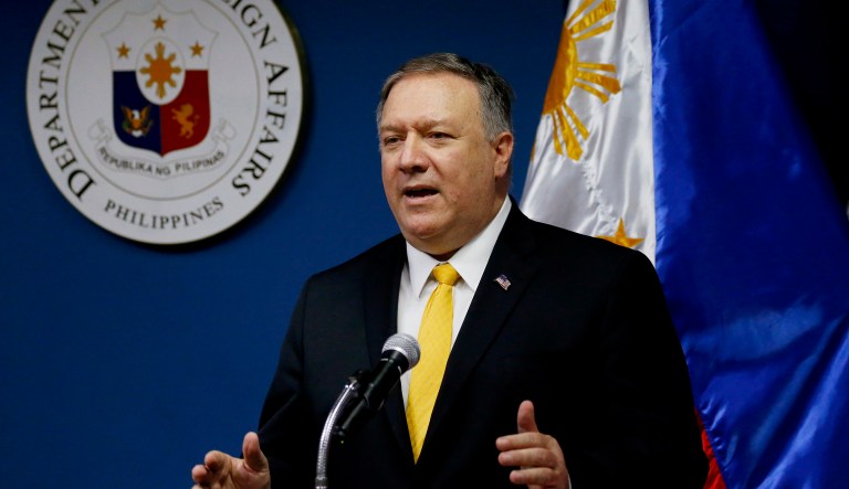 U.S. Secretary of State Mike Pompeo gestures while answering questions during their joint news conference with Philippine Foreign Affairs Secretary Teodoro Locsin Jr. in suburban Pasay city, southeast of Manila, Philippines Friday, March 1, 2019.