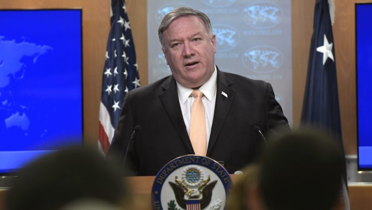 Secretary of State Mike Pompeo speaks during a news conference on Monday, April 22, 2019, at the Department of State in Washington. 