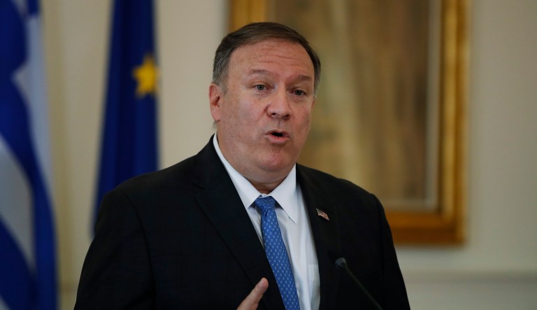 U.S. Secretary of State Mike Pompeo talks during a joint news conference with Greek Foreign Minister Nikos Dendias, following their meeting in Athens, Saturday, Oct. 5, 2019. Pompeo is in Greece on the last leg of a four-nation European tour that has been overshadowed by the impeachment inquiry in Washington.