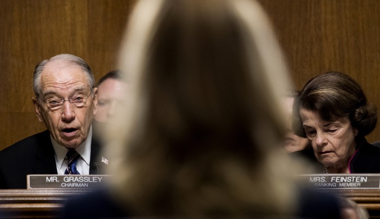Senator Chuck Grassley, a Republican from Iowa and chairman of the Senate Judiciary Committee, left, speaks as Senator Dianne Feinstein, a Democrat from California and ranking member of the Senate Judiciary Committee, listens during a hearing in Washington, D.C., U.S., on Thursday, Sept. 27, 2018. GrassleyÂ called for a "safe, comfortable and dignified" hearing Thursday on a sexual assault allegation againstÂ BrettÂ KavanaughÂ as the panel opened a historic hearing that promises to shape the Supreme Court's future and redefine the "Me Too" era.