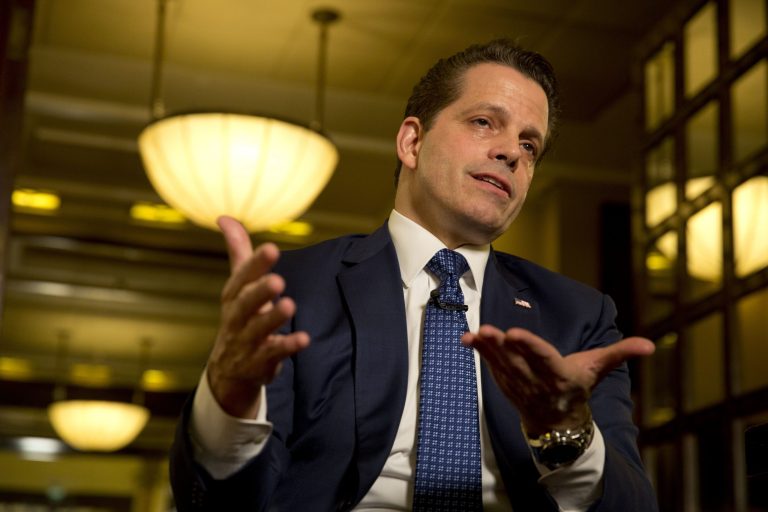 Former White House communications director Anthony Scaramucci poses for a photograph after an interview with the Associated Press in Jerusalem, Monday, Nov. 20, 2017. Scaramucci told The Associated Press on Monday that although he has not spoken to Donald Trump in over a month, he talks to the president's inner circle "regularly" and considers himself a media "surrogate" for the administration.