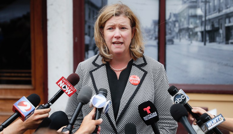 Dayton, Ohio, Mayor Nan Whaley speaks to members of the media Tuesday, Aug. 6, 2019, outside Ned Peppers bar in the Oregon District after a mass shooting that occurred early Sunday morning in Dayton.