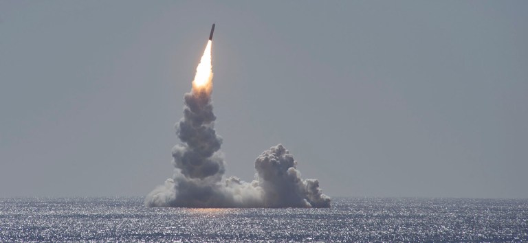 An unarmed Trident II missile launches from the Ohio-class ballistic missile submarine USS Maine off the coast of San Diego.