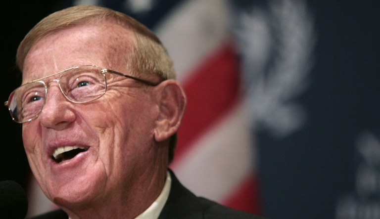 Lou Holtz smiles during a news conference on May 1, 2008, in New York after he and 14 other former players and coaches were elected to the College Football Hall of Fame.