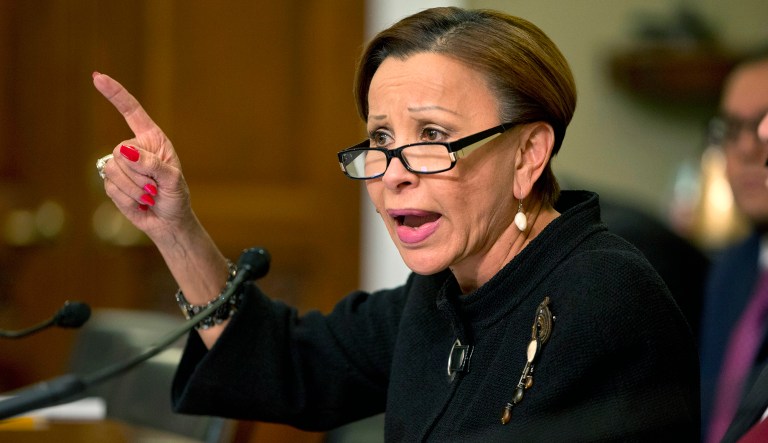 FILE- In this Jan 12, 2016 file photo, Rep. Nydia Velazquez, D-N.Y. speaks on Capitol Hill in Washington. Velazquez visited the Metropolitan Detention Center in the Brooklyn borough of New York on Friday, Feb 1, 2019, after reports that inmates housed at the facility have had no heat or electric power for almost a week.  She plans to return to the jail with other elected officials on Saturday, Feb. 2.