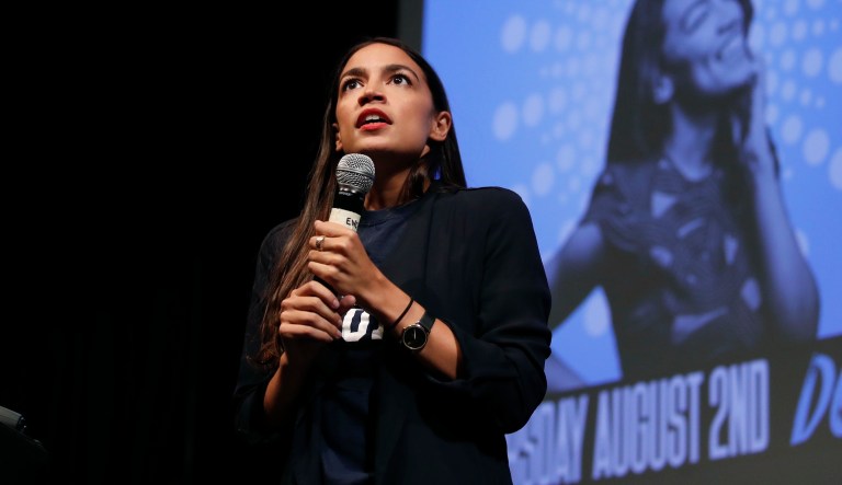 Alexandria Ocasio-Cortez, a winner of a Democratic Congressional primary in New York, addresses supporters at a fundraiser on Aug. 2, 2018, in Los Angeles.