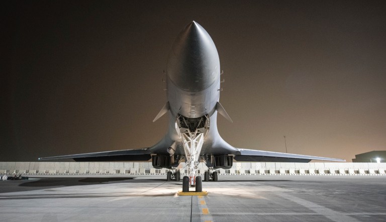 A 34th Expeditionary Bomb Squadron B-1B Lancer deployed to the 379th Air Expeditionary Wing prepares to launch a strike mission from Al Udeid AIr Base, Qatar, April 13, in support of the multinational response to Syria's recent use of chemical weapons. Two B-1Bs, deployed to Al Udeid AB from Ellsworth AFB, S.D., employed 19 Joint Air to Surface Standoff Missile-Extended Range (JASSM-ER), marking the first combat employment of the weapon. 