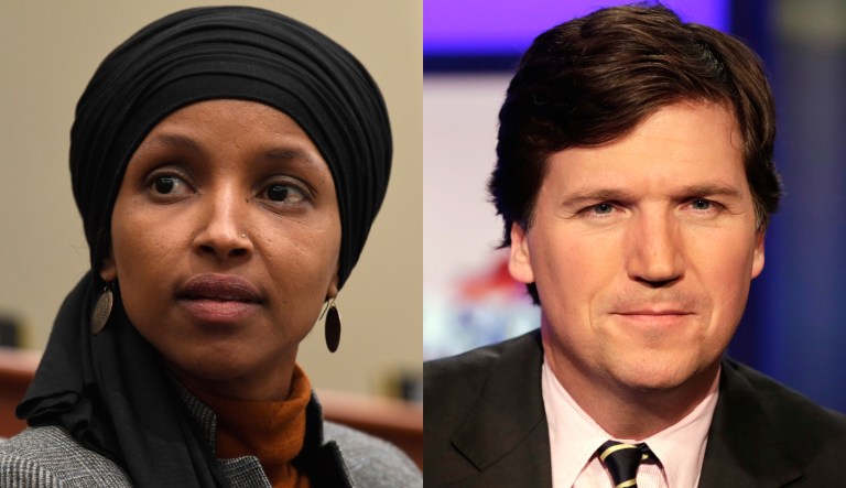 Pictured are Ilhan Omar, left, and Tucker Carlson, right.