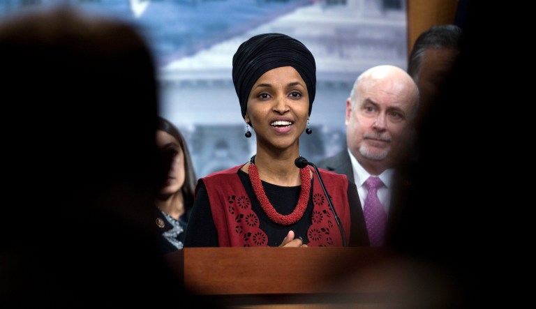 Congressional Progressive Caucus members Rep. Ilhan Omar, D-Minn., accompanied by Rep. Barbara Lee, D-Calif., Rep. Mark Pocan, D-Wis. and other members of the Caucus, speaks during a news conference on last week's targeted killing of Iran's senior military commander Gen. Qassem Soleimani on Capitol Hill, in Washington, Wednesday, Jan. 8, 2020. 