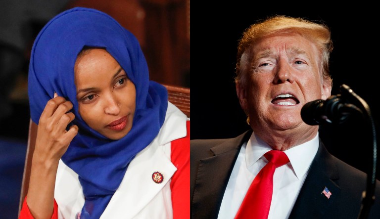 Rep. Ilhan Omar and President Trump are shown.