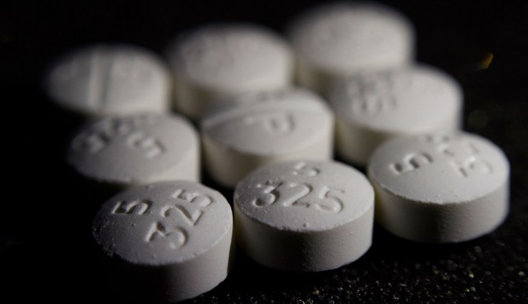 FILE - This Tuesday, Aug. 15, 2017 file photo shows an arrangement of pills of the opioid oxycodone-acetaminophen in New York. On Thursday, Aug,. 9, 2018, the Centers for Disease Control and Prevention reported that the number of opioid-addicted pregnant women shot up dramatically in the last 15 years.