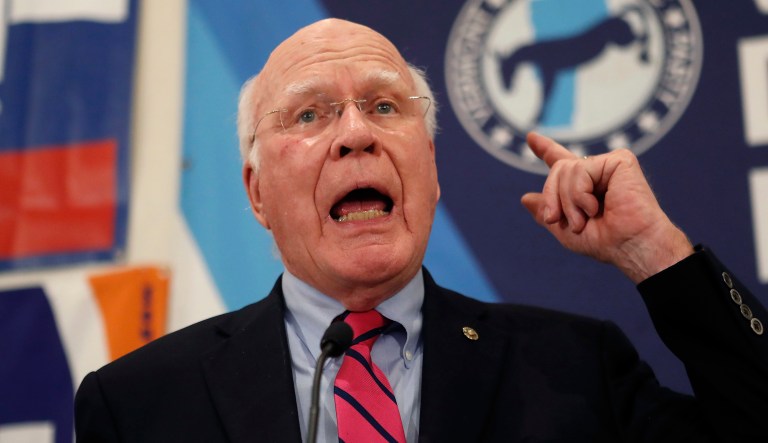 Democratic Sen. Patrick Leahy speaks to supporters after his re-election over Republican challenger Scott Milne Tuesday, Nov. 8, 2016, in Burlington, Vt.