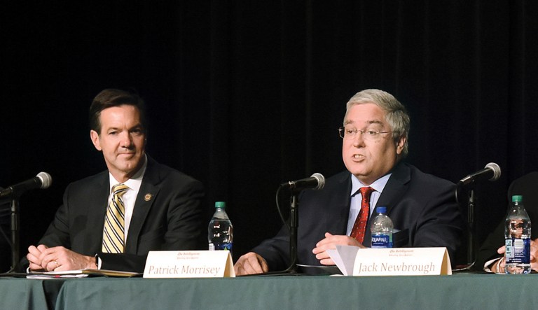 Candidates, from left, Don Blankenship, of Williamson,Â Bo Copley, of Delbarton; U.S. Rep. Evan Jenkins, R-W.Va., of Huntington, West Virginia Attorney General Patrick Morrisey, of Charles Town, Jack Newbrough, of Weirton, and Tom Willis, of Martinsburg, participate in a debateÂ sponsored by The Intelligencer and Wheeling News Register at Wheeling Jesuit University in Wheeling, W.Va., Monday, April 23, 2018. The Republican candidates hoping to oust U.S. Sen. Joe Manchin in the fall took repeated turns attacking the incumbent Democrat's record while aligning themselves with President Donald Trump during the forum on Monday night.