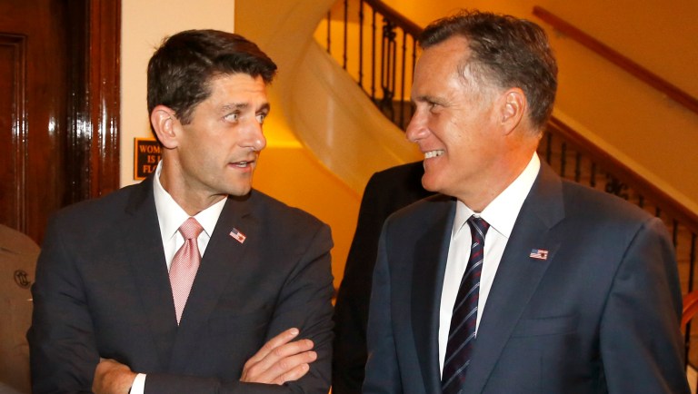 Former Massachusetts Gov. Mitt Romney, right, and his former vice presidential running mate U.S. Rep. Paul Ryan, R-Wis., arrive for a dinner at the Union League Club where Romney will interview Ryanâs about Ryan's new book, âThe Way Forward: Renewing the American Idea,â Thursday, Aug. 21, 2014, in Chicago. Ryan is on tour to promote the book as he weighs a presidential campaign of his own. 