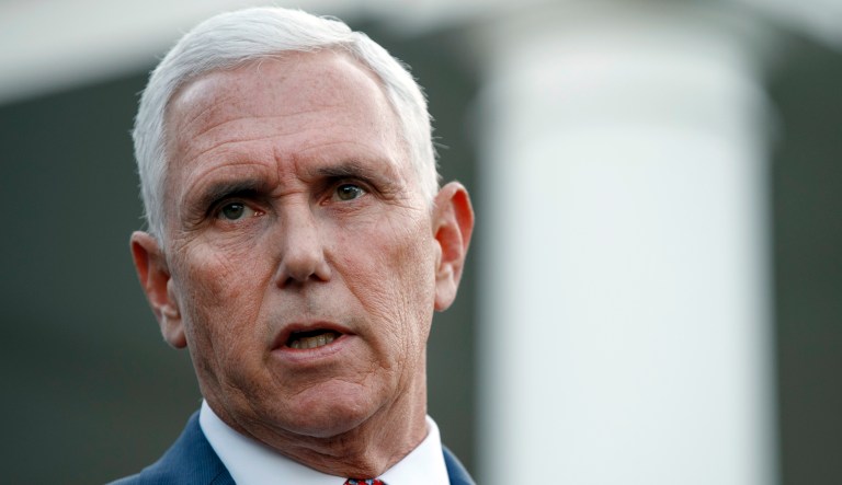 Vice President Mike Pence speaks to reporters about Turkey outside the West Wing of the White House, Monday, Oct. 14, 2019, in Washington.