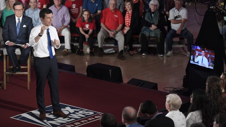Democratic presidential candidate South Bend, Ind., Mayor Pete Buttigieg speaks during a FOX News Channel town hall moderated by Chris Wallace, Sunday, May 19, 2019, in Claremont, N.H. 