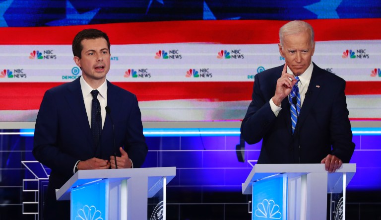 Democratic presidential candidate South Bend Mayor, Pete Buttigieg, left, speaks as former Vice-President Joe Biden gestures, during the Democratic primary debate hosted by NBC News at the Adrienne Arsht Center for the Performing Art,  Thursday, June 27, 2019, in Miami.
