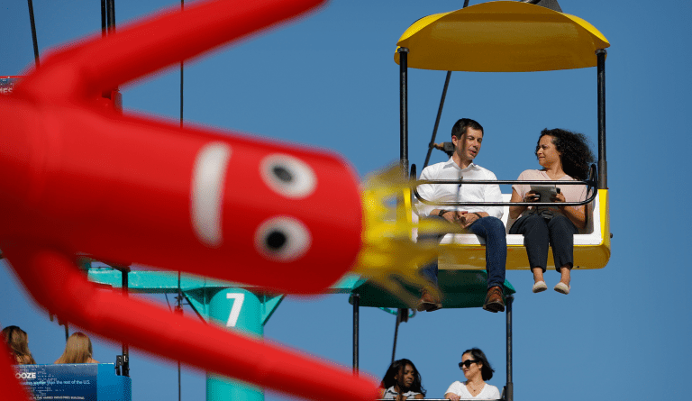 Democratic presidential candidate South Bend Mayor Pete Buttigieg, second from right, the sky glider at the Iowa State Fair, Tuesday, Aug. 13, 2019, in Des Moines, Iowa. (AP Photo/John Locher)