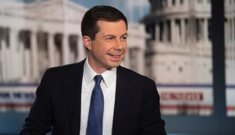 Democratic presidential candidate South Bend Mayor Pete Buttigie smiles following an interview by FOX News Sunday anchor Chris Wallace, Sunday morning, Oct. 20, 2019, in Washington. 