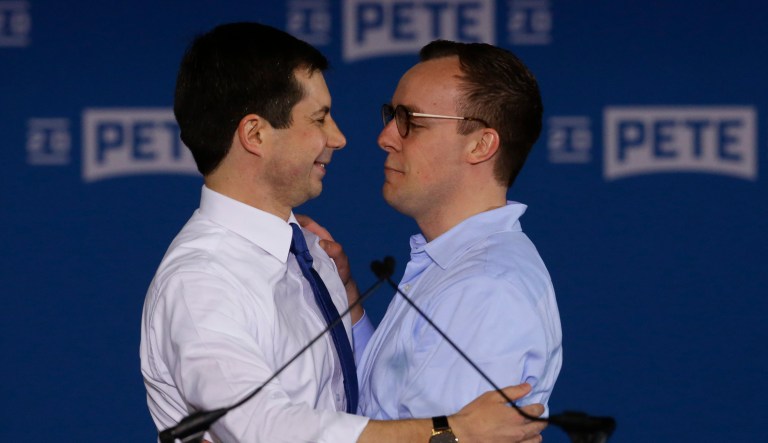 Pete Buttigieg is joined by his husband Chasten Glezman after he announced that he will seek the Democratic presidential nomination during a rally in South Bend, Ind., Sunday, April 14, 2019. Buttigieg, 37, is serving his second term as the mayor of South Bend.