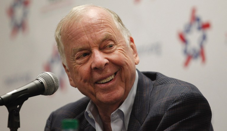 T. Boone Pickens smiles as he speaks during the Texas Conservative Coalition Research Institute Irving Energy Summit  Thursday, July 19, 2012, in Irving,  Texas. The TCCRI has held meetings throughout the state to discuss developing Texas' natural resources and discuss whether the current electricity infrastructure is sufficient to supply power to businesses and residents statewide.