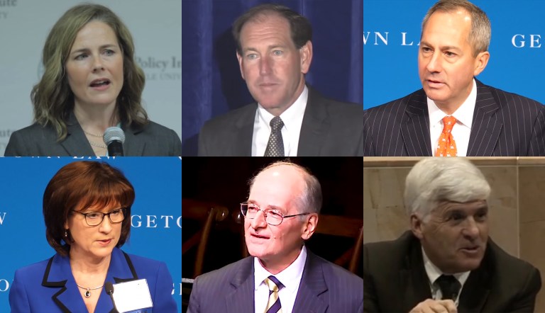 Clockwise from top left: Amy Coney Barrett, Raymond Gruender, Thomas Hardiman, Federico Moreno, Charles Canady, and Diane Sykes.