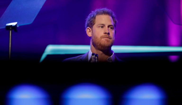 Britain's Prince Harry gives a speech on stage before announcing the winners of the Health and Wellbeing category at the inaugural OnSide Awards at the Royal Albert Hall in London, Sunday, Nov. 17, 2019. OnSide is a charity whose purpose is to create state-of-the-art 21st century youth facilities called 'Youth Zones' that give young people safe and inspiring places to spend their leisure time.