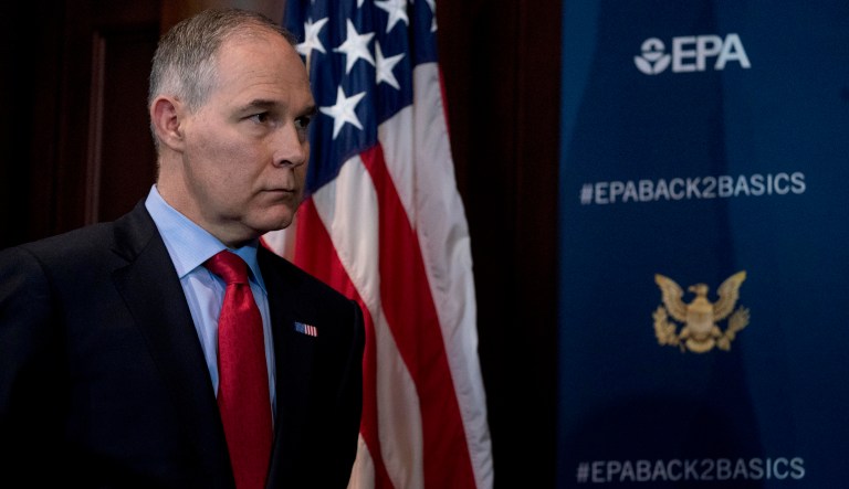 Environmental Protection Agency Administrator Scott Pruitt attends a news conference at the Environmental Protection Agency in Washington, Tuesday, April 3, 2018, on his decision to scrap Obama administration fuel standards.