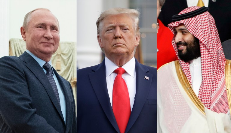 Russian President Vladimir Putin, President Trump, and Saudi Crown Prince Mohammed bin Salman are seen.