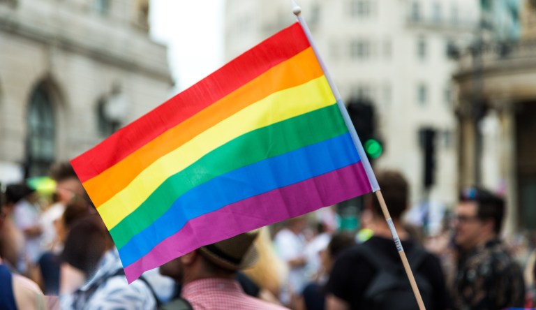 Crowds of people celebrate at a London gay pride parade.