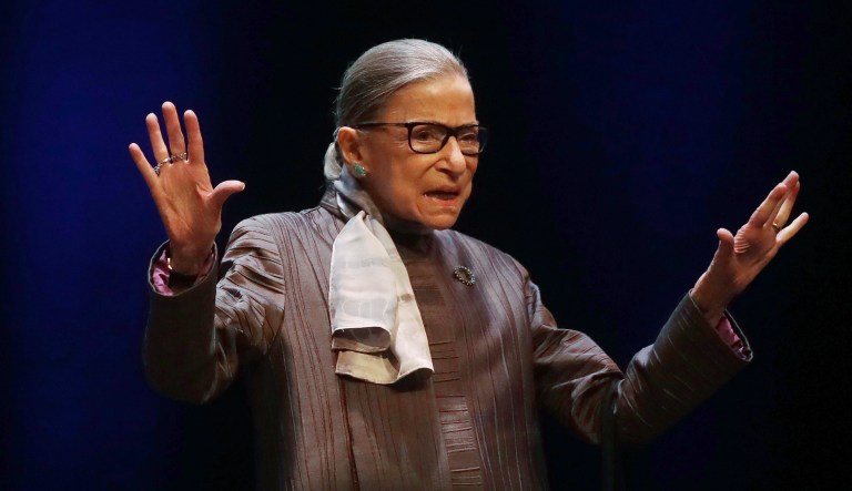 U.S. Supreme Court Justice Ruth Bader Ginsburg gestures while introduced during the inaugural Herma Hill Kay Memorial Lecture at the University of California at Berkeley, Monday, Oct. 21, 2019, in Berkeley, Calif.