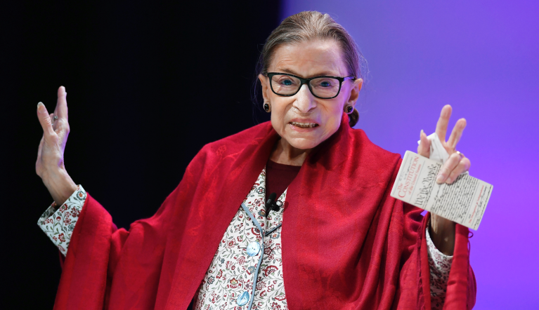 U.S. Supreme Court Justice Ruth Bader Ginsburg gestures to students before she speaks at Amherst College in Amherst, Mass., Thursday, Oct. 3, 2019. (AP Photo/Jessica Hill)