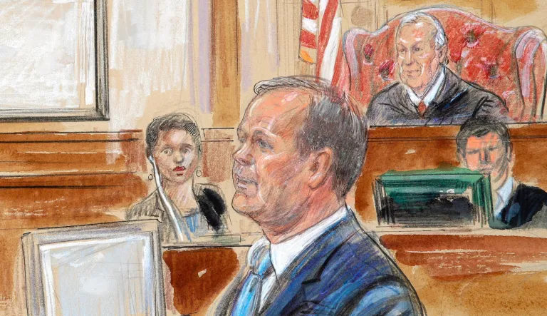 This courtroom sketch depicts Rick Gates, right, testifying during questioning by prosecutor Greg Andres, standing at left, as former Trump campaign chairman Paul Manafort, far left, sits with his lawyer Kevin Downing as Manafort's trial continues at federal court in Alexandria, Va., Tuesday, Aug. 7, 2018. U.S. district Judge T.S. Ellis III presides at top right.
