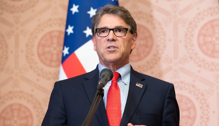 U.S. Secretary of Energy Rick Perry answers to a question during his and Russian Energy Minister Alexander Novak joint news conference following their talks in Moscow, Russia, Thursday, Sept. 13, 2018. The United States could impose sanctions on a new Russia-Germany gas pipeline, U.S. Energy Secretary Rick Perry said Thursday during a visit to Moscow.