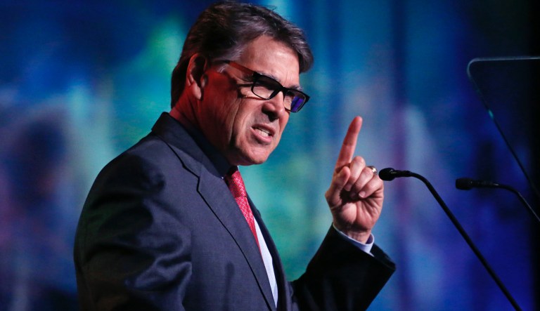 U.S. Energy Secretary Rick Perry speaks at an energy summit hosted by Utah Gov. Gary Herbert and attended by Wyoming Gov. Mark Gordon Thursday, May 30, 2019, in Salt Lake City.