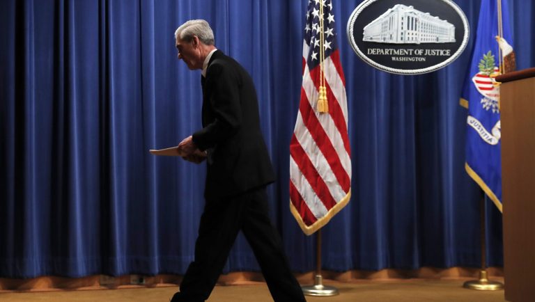 Special counsel Robert Muller walks from the podium after speaking at the Department of Justice Wednesday, May 29, 2019, in Washington, about the Russia investigation. 
