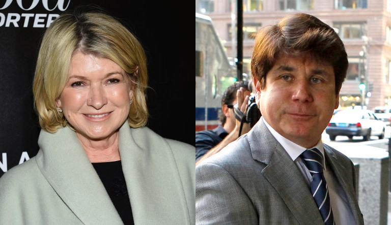Martha Stewart is pictured on the left, and former Illinois governor Rod Blagojevich is pictured on the right.
