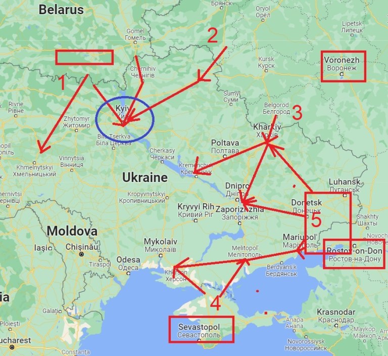 This Jan. 17, 2022, map, showing possible directions for a Russian assault, remains true almost a year later, showing the different directions a new Russian offensive could go.