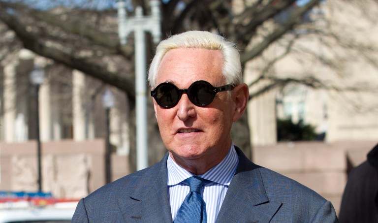 Former campaign adviser for President Donald Trump, Roger Stone accompanied by his wife Nydia Stone, left, arrives to the federal court in Washington, Thursday, Feb. 21, 2019. U.S. Roger Stone is back to a court hearing over Instagram post about Judge Amy Berman Jackson.