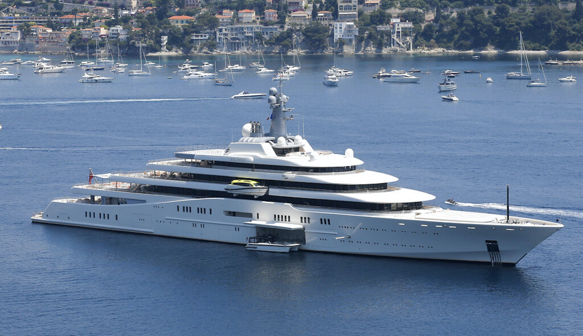 Eclipse, the luxury yacht of Russian billionaire Roman Abramovich, is seen in the bay of Villefranche sur Mer near Nice, France, in 2013. The yacht is some 160 meters long, is equipped with a missile detection system, a helicopter pad, a miniature submarine, and a luxury spa.