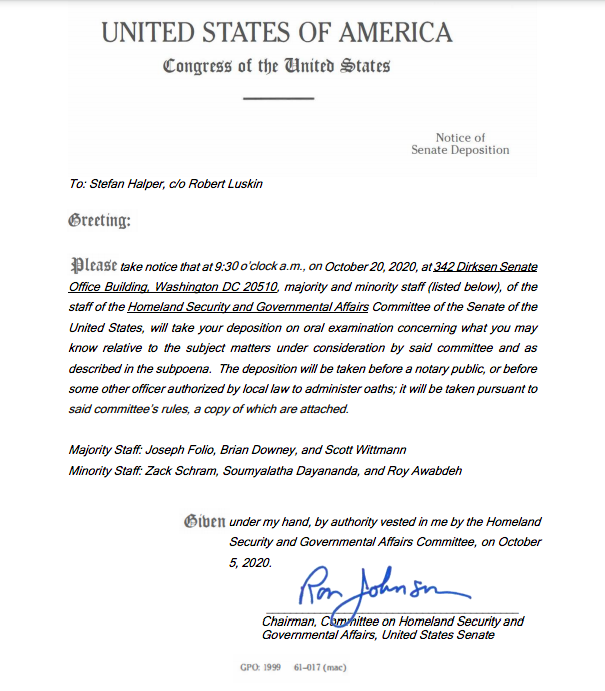 Ron Johnson - Deposition Notice - Stefan Halper