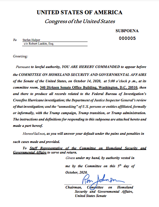 Ron Johnson - Records Subpoena - Stefan Halper