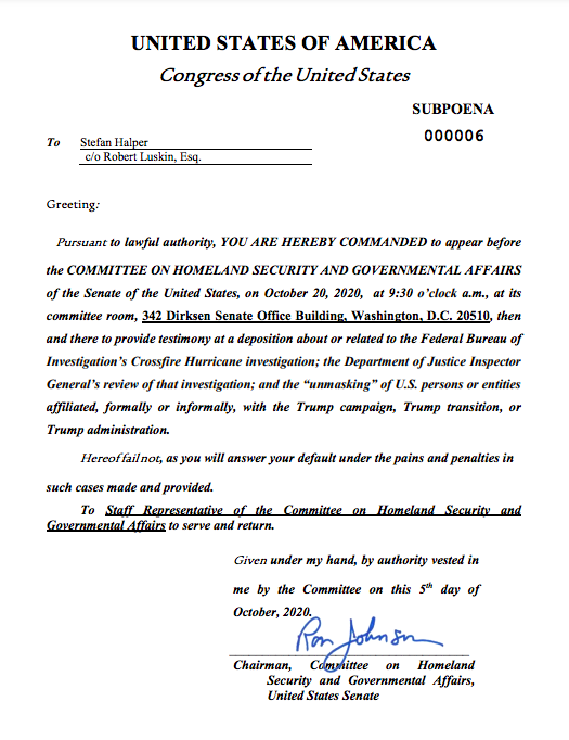 Ron Johnson - Testimony Subpoena - Stefan Halper
