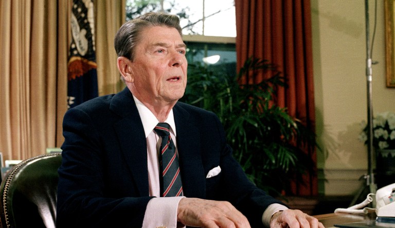 This Jan. 28, 1986 file picture shows U.S. President Ronald Reagan in the Oval Office of the White House after a televised address to the nation about the space shuttle Challenger explosion.