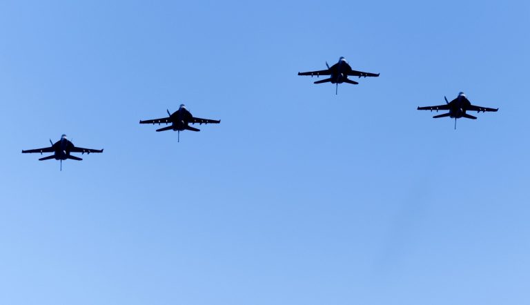 Four fighter jets fly above a graveside service for Rosemary Mariner, the Navy's first female fighter pilot, at New Loyston Cemetery in Maynardville, Tenn., on Saturday, Feb. 2, 2019.